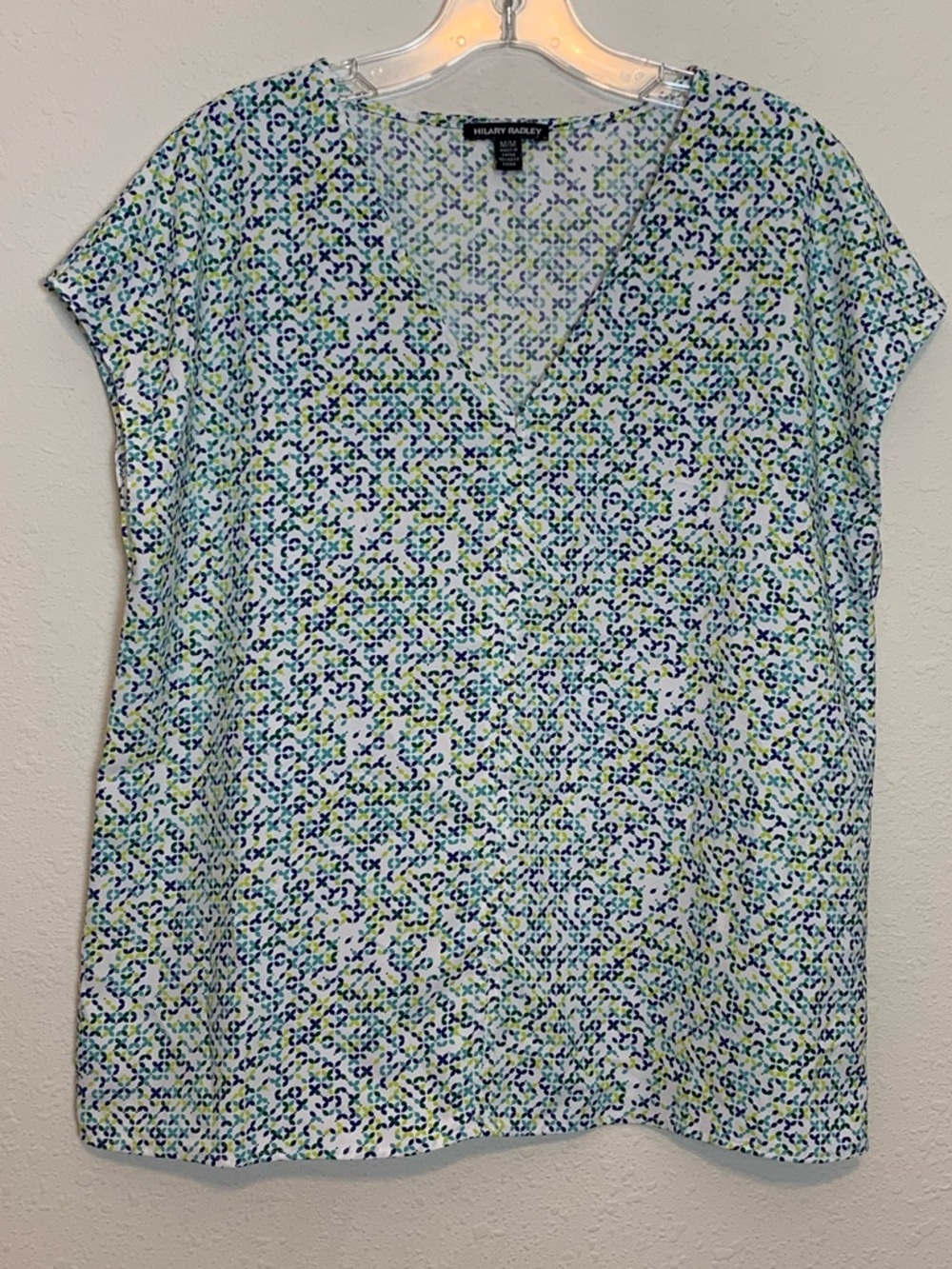 Hilary Radley Blue & Green V-Neck Short Sleeve Top Medium Lightweight